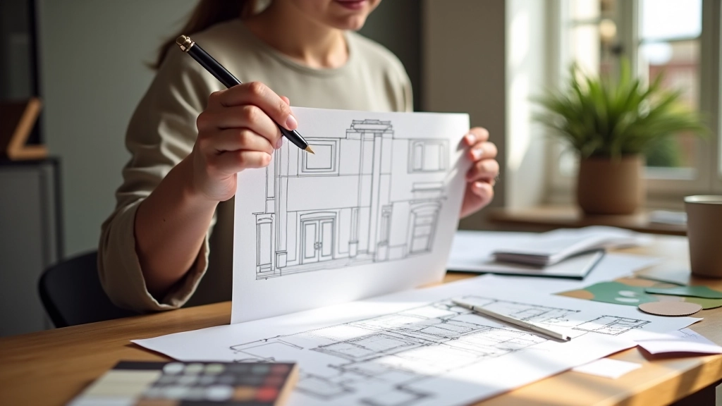 Designer che lavora ai piani di progettazione dell'ingresso con schizzi e campioni di colore