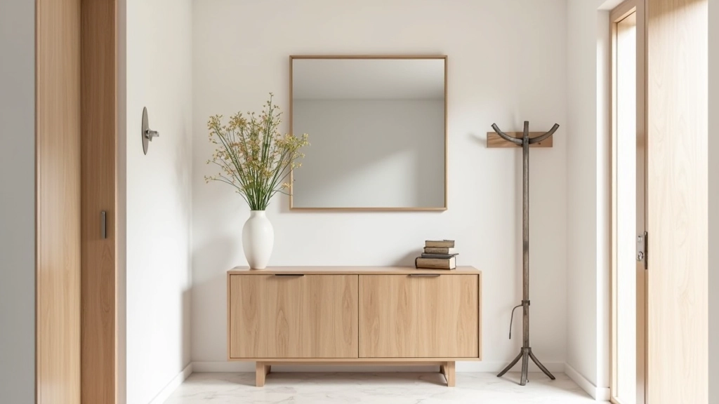 Ingresso con consolle di legno, specchio rettangolare, vaso con fiori freschi, appendiabiti in ferro