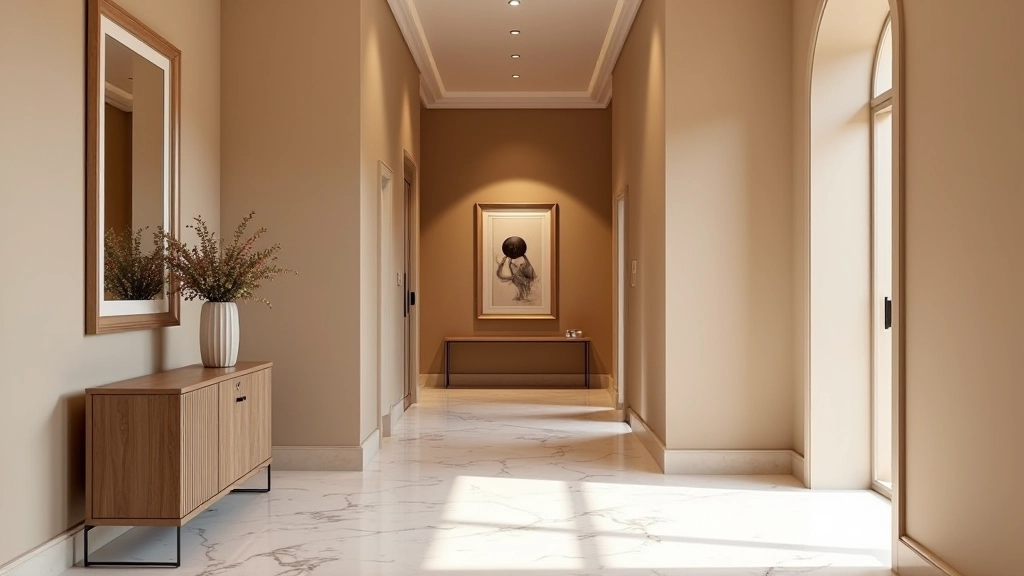 Ingresso elegante con pavimento in marmo, parete decorata e consolle con fiori freschi