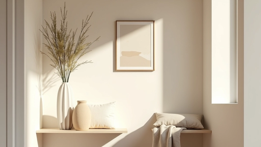 Dettagli decorativi ingresso: vaso in ceramica, piante verdi, cornice con arte astratta, cuscino decorativo