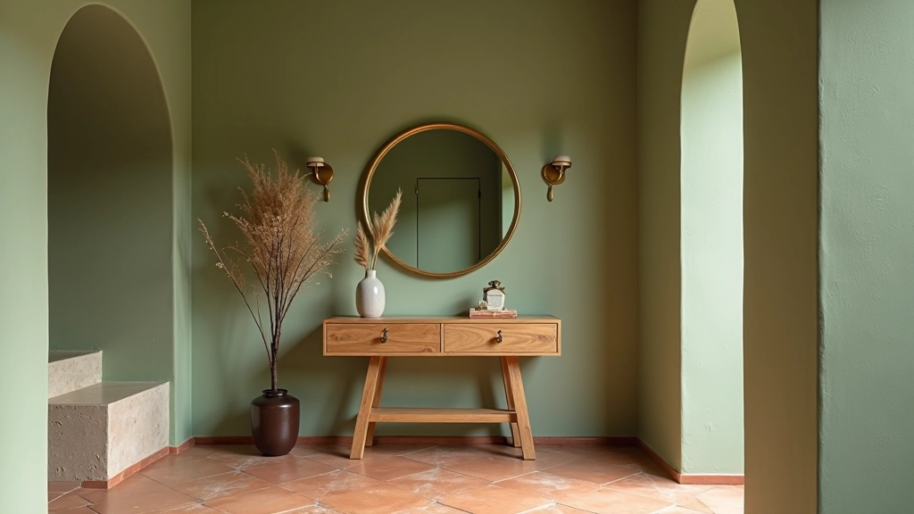 Ingresso con parete in tonalità salvia, pavimento in cotto, consolle in legno naturale, specchio con cornice dorata
