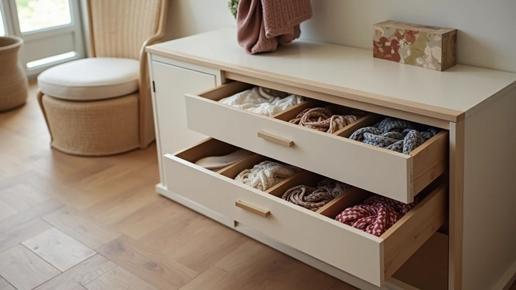Dettaglio di cassettiera bassa con cassetti aperti che mostrano divisori per organizzare accessori e piccoli oggetti