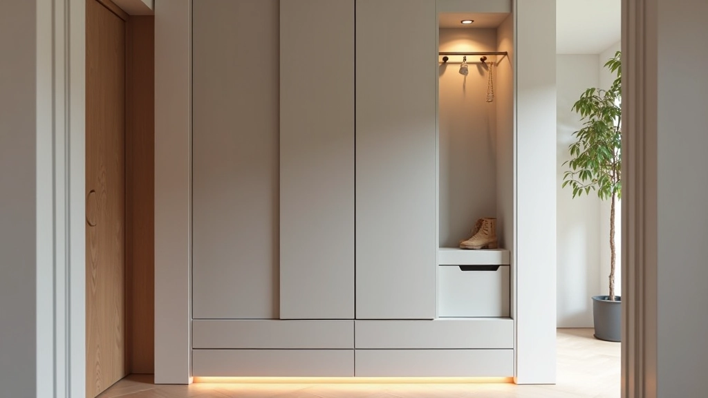 Ingresso con armadio multifunzionale a parete, ante scorrevoli grigio chiaro, ganci integrati, vano per scarpe al fondo, illuminazione warm