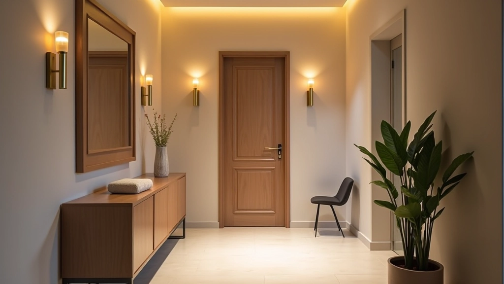 Ingresso moderno illuminato con plafoniera centrale e applique in ottone, specchio grande sulla parete, pavimento chiaro