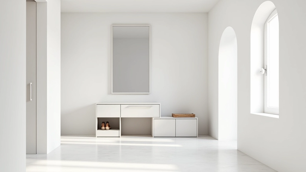 Ingresso moderno con consolle multifunzionale, specchio integrato e ripiani di stoccaggio, pareti bianche e illuminazione naturale