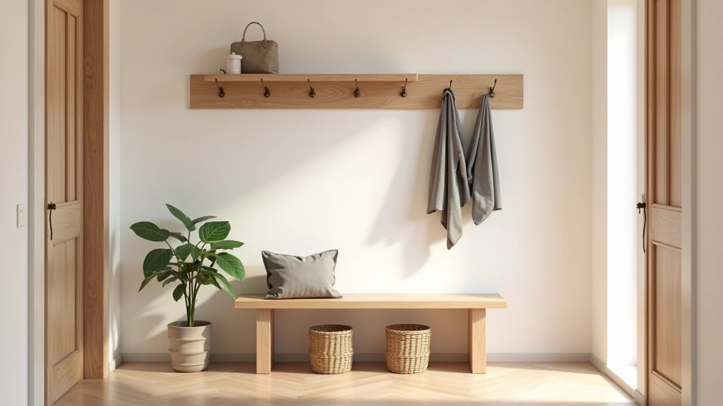 Ingresso moderno con panchina in legno, ganci di design e cestini organizzati