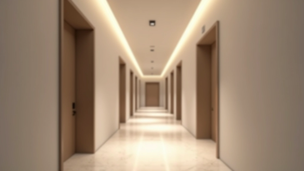 Illuminazione a LED nel corridoio stretto con plafoniere moderne che diffondono luce uniforme su tutta la lunghezza