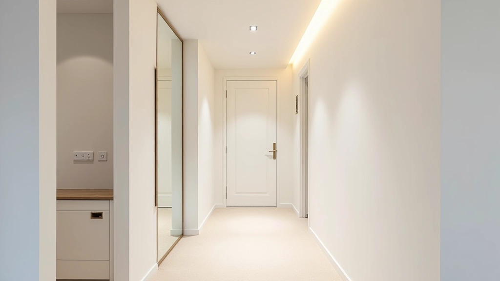 Corridoio stretto completamente trasformato con specchio grande, illuminazione LED sopra e pareti dipinte in bianco, appare spazioso e luminoso