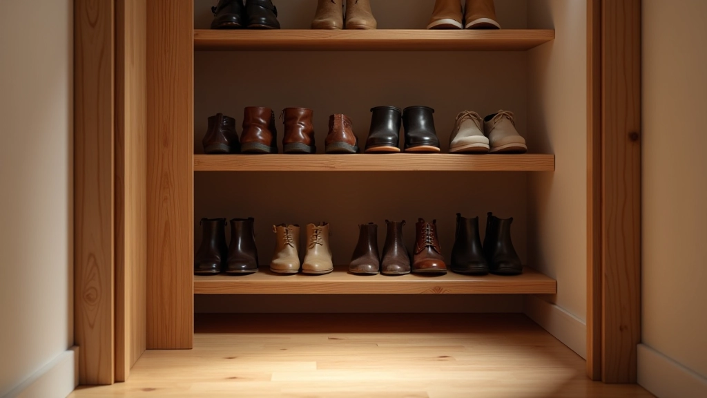 Dettaglio di ingresso ordinato con scarpiera in legno naturale e ripiani aperti per scarpe
