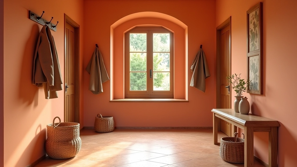 Ingresso con palette colori caldi e arredamento multifunzionale
