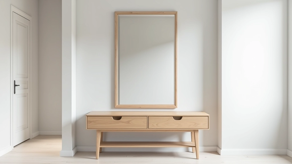 Consolle in legno naturale con specchio rettangolare, due cassetti, superficie liscia per appoggiare oggetti, corridoio luminoso con pareti grigie